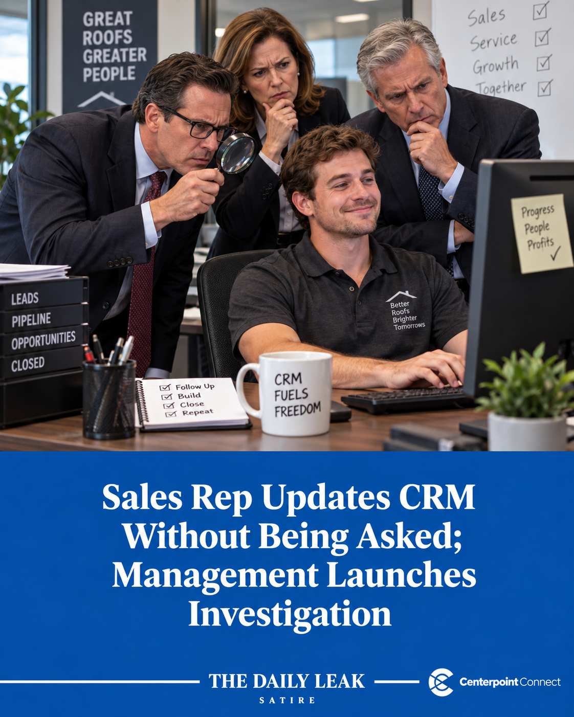 AI-generated satire illustration: Sales Rep Updates CRM Without Being Asked; Management Launches Investigation