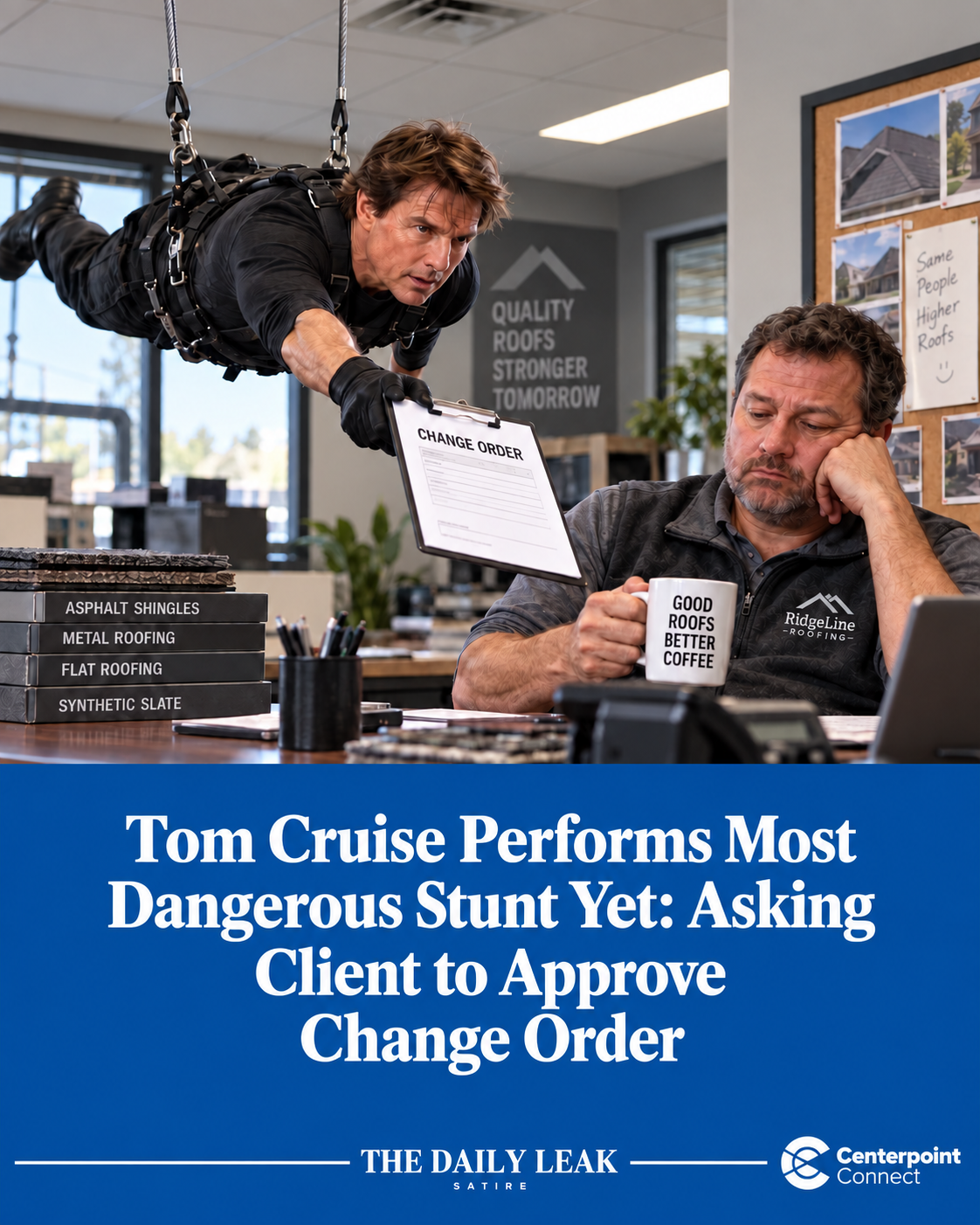 AI-generated satire illustration: Tom Cruise Performs Most Dangerous Stunt Yet: Asking Client to Approve Change Order