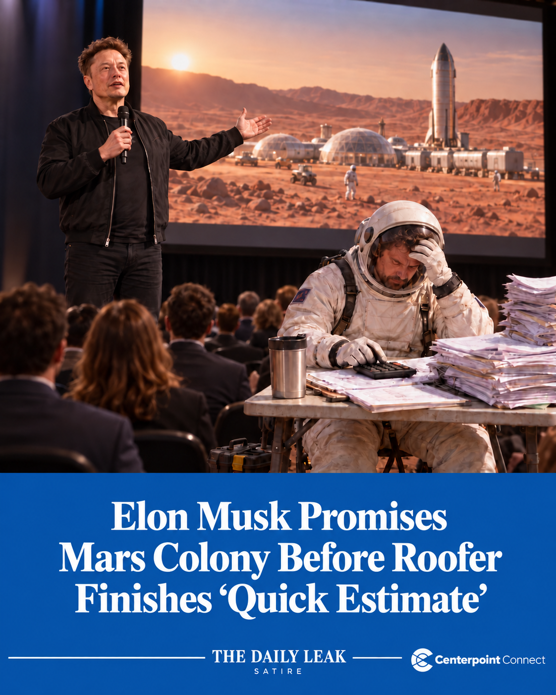 AI-generated satire illustration: Elon Musk Promises Mars Colony Before Roofer Finishes ‘Quick Estimate’