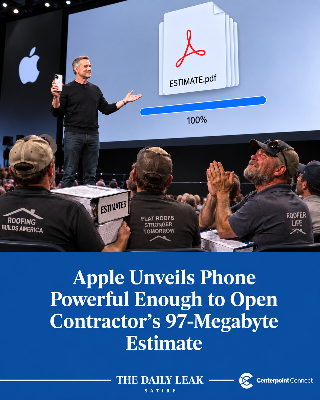 AI-generated satire illustration: Apple Unveils Phone Powerful Enough to Open Contractor’s 97-Megabyte Estimate