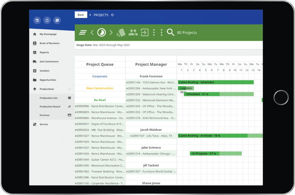 Centerpoint Connect Roofing Software loaded on tablet or ipad displaying the production board for project management