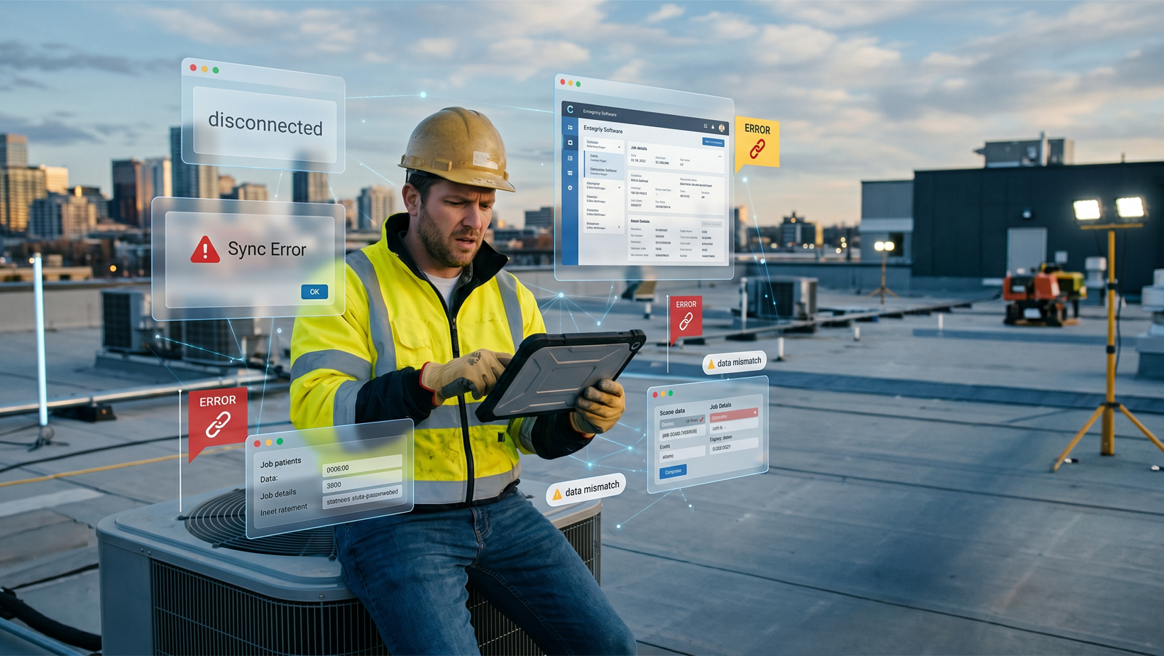 Roofing crew frustrated with clunky software on a job site