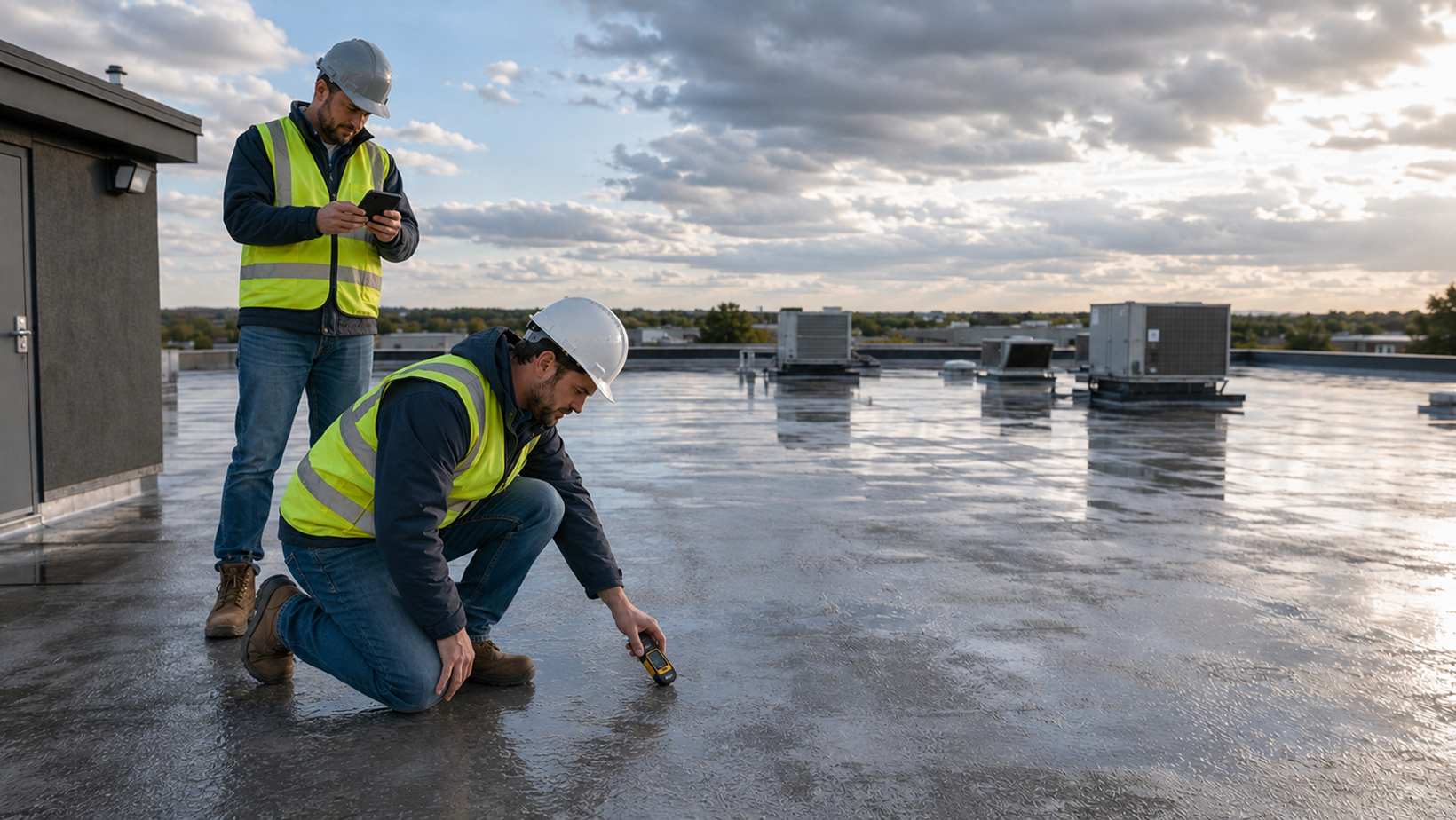 Commercial roofing contractors inspecting a flat roof after a storm