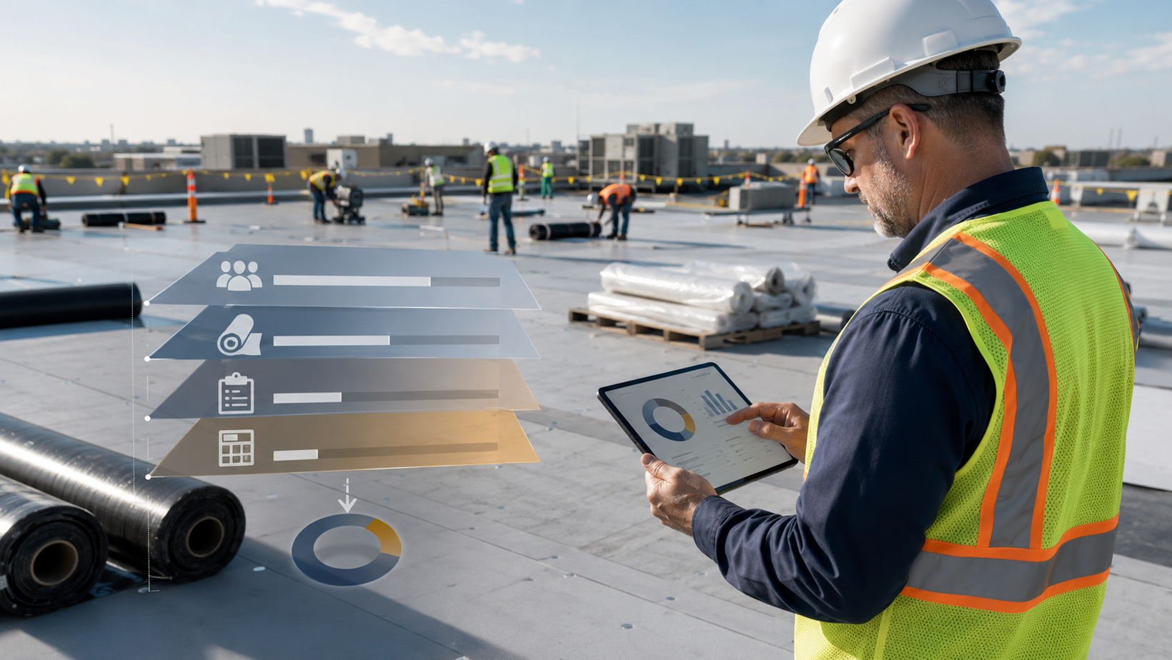 Roofing manager reviewing job costs.