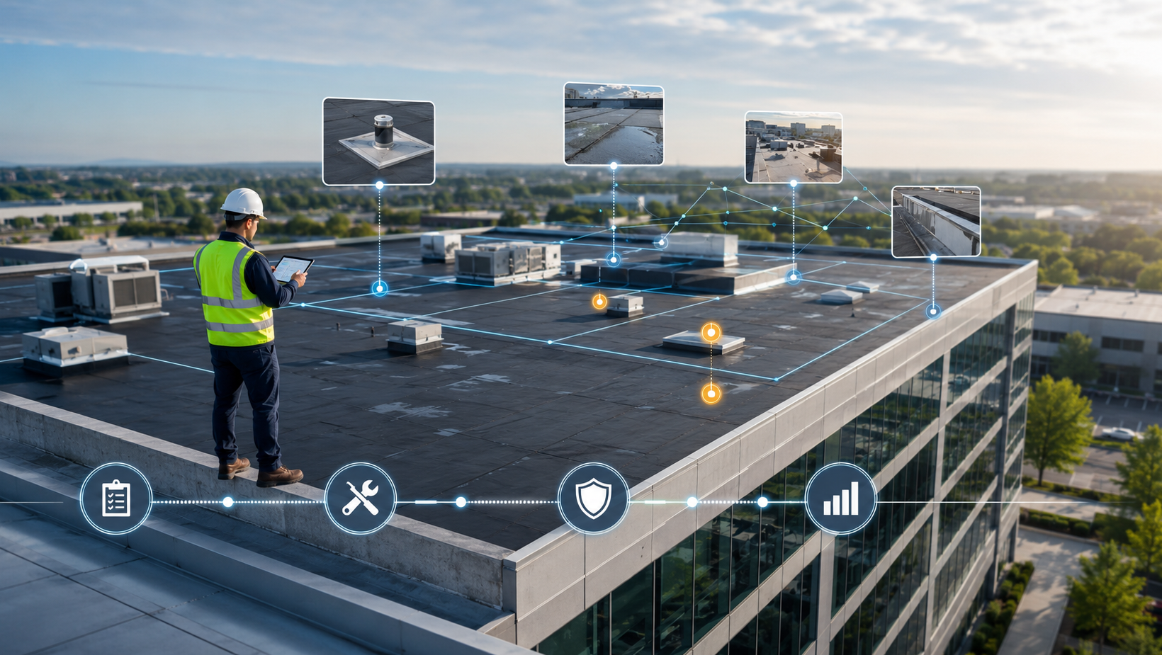 Commercial roof inspection with digital roof history and asset management technology